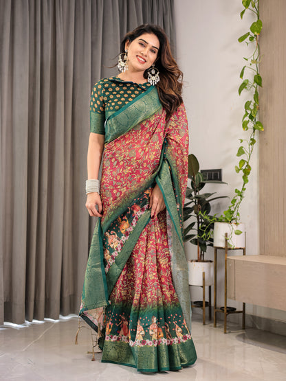 Maroon-Green Cotton Linen Saree with Floral Zari Work & Royal Procession Pallu | With Blouse Piece
