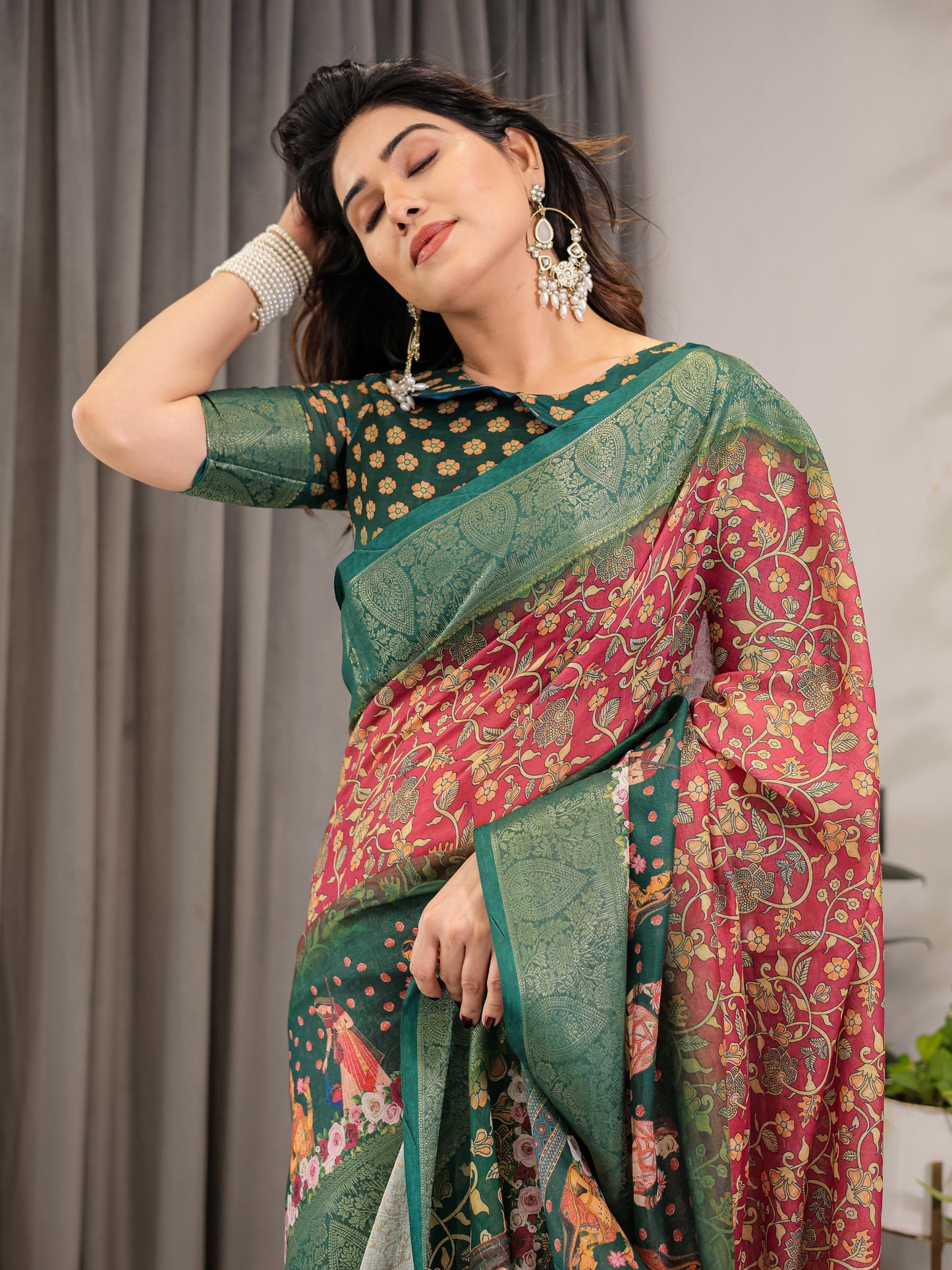 Maroon-Green Cotton Linen Saree with Floral Zari Work & Royal Procession Pallu | With Blouse Piece