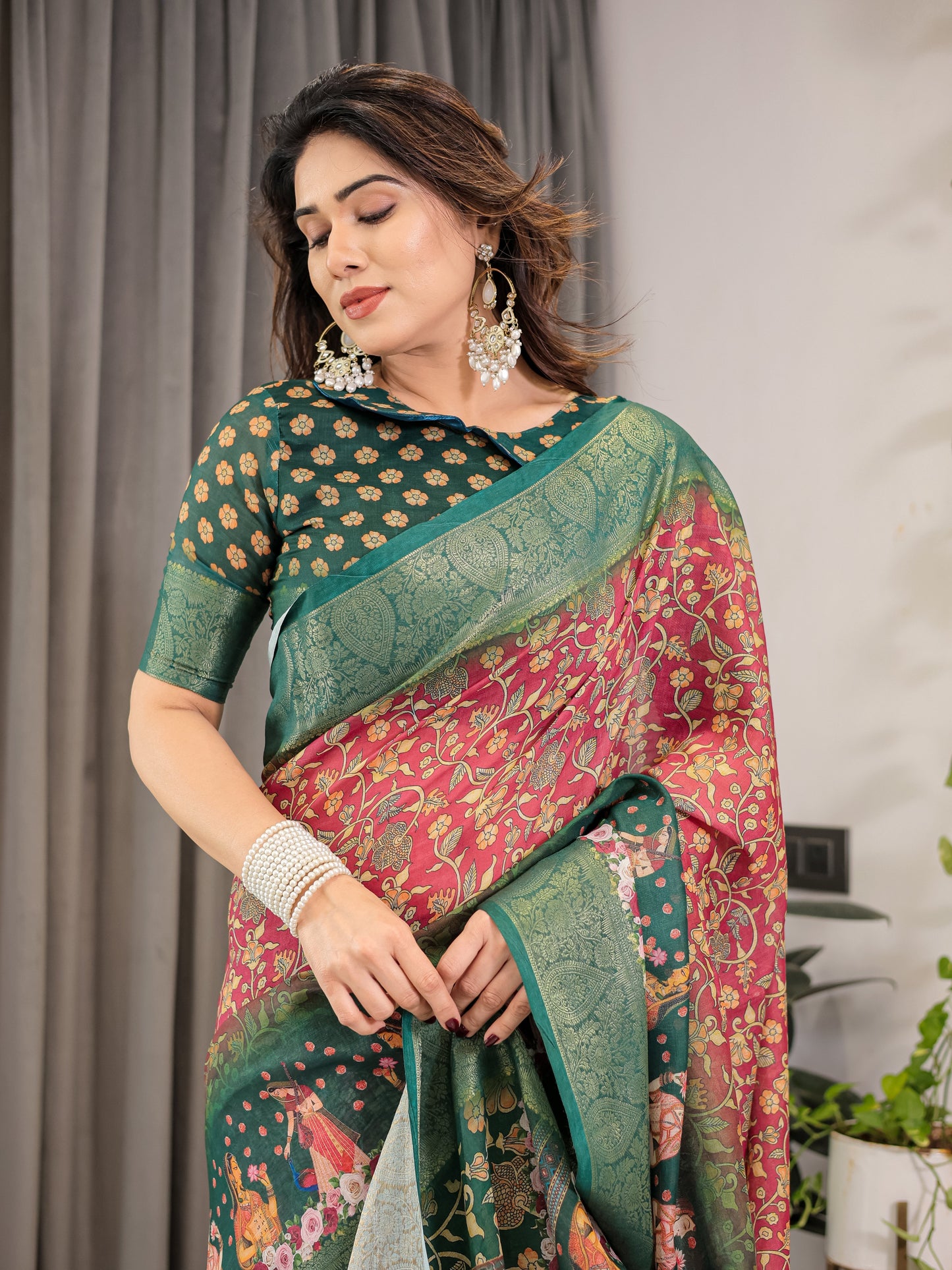 Maroon-Green Cotton Linen Saree with Floral Zari Work & Royal Procession Pallu | With Blouse Piece