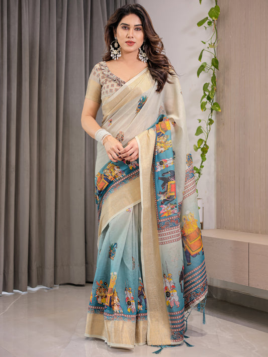 Cream & Teal Cotton Linen Saree with Zari Border & Royal Procession Digital Print | With Blouse Piece