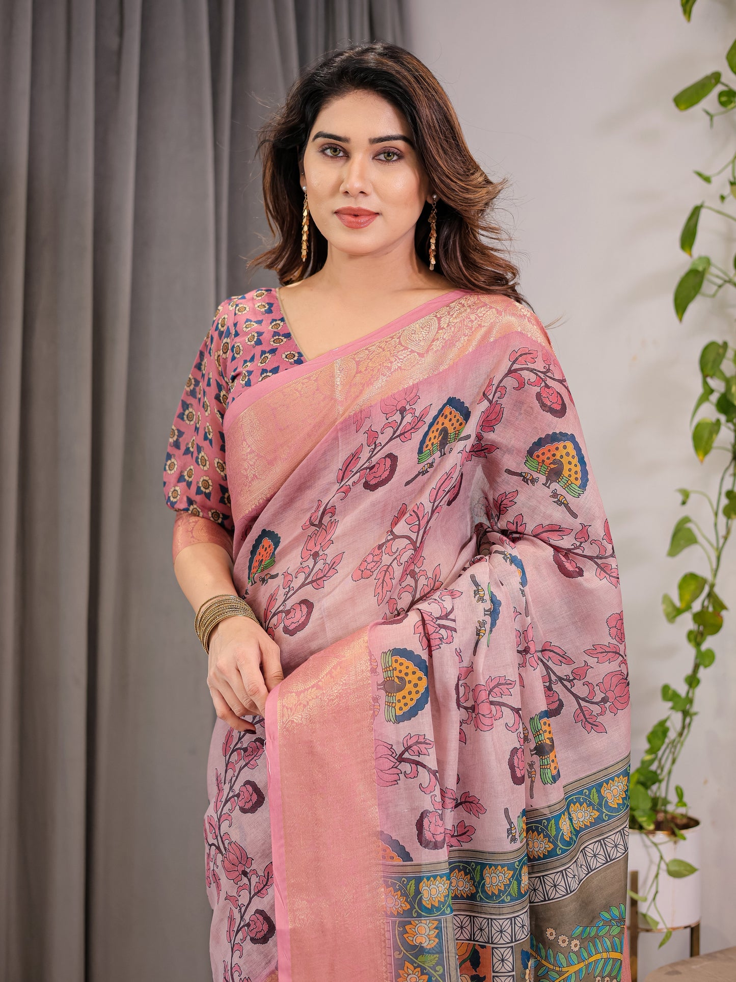 Dusty Rose Cotton Linen Saree with Floral Motifs & Radha Krishna Digital Pallu | Zari Border | With Blouse