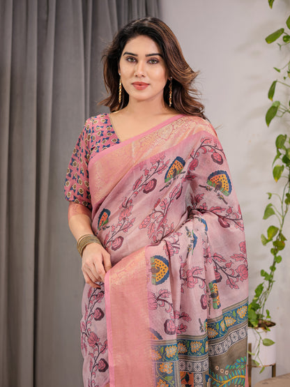 Dusty Rose Cotton Linen Saree with Floral Motifs & Radha Krishna Digital Pallu | Zari Border | With Blouse