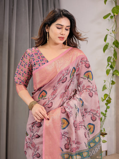 Dusty Rose Cotton Linen Saree with Floral Motifs & Radha Krishna Digital Pallu | Zari Border | With Blouse