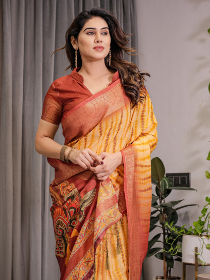 Yellow & Rust Cotton Linen Saree with Zari Border & Majestic Peacock Digital Pallu | With Blouse Piece