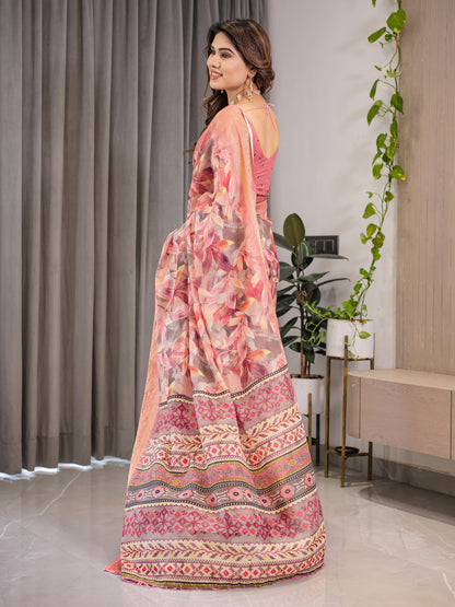 Peach Pink Cotton Linen Saree with Zari Border & Tribal Pallu | Floral Print | With Blouse