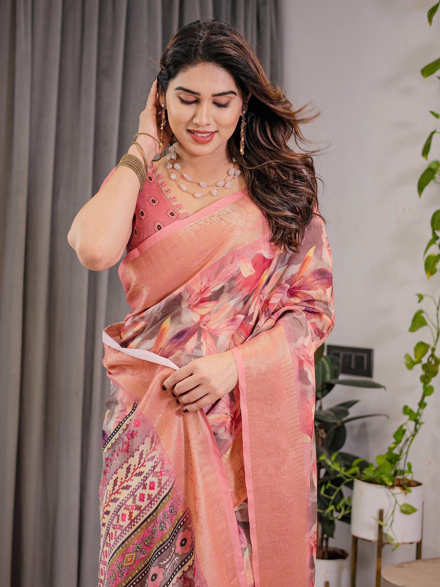 Peach Pink Cotton Linen Saree with Zari Border & Tribal Pallu | Floral Print | With Blouse