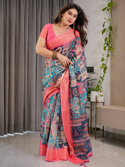 Vibrant Multicolor Cotton Linen Saree with Boho Patchwork Print & Zari Border | Festive Ethnic Wear | With Blouse