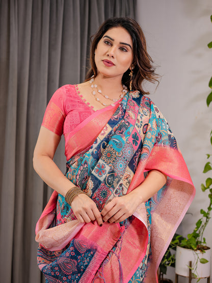 Vibrant Multicolor Cotton Linen Saree with Boho Patchwork Print & Zari Border | Festive Ethnic Wear | With Blouse