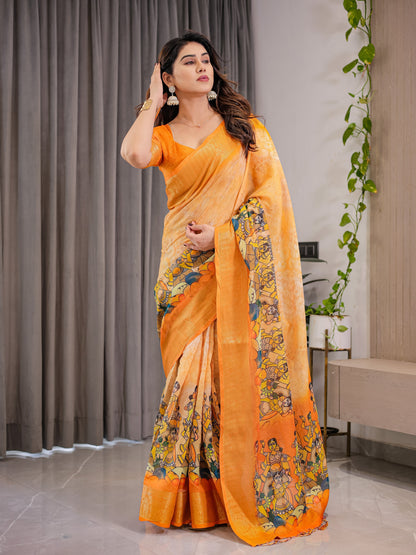 Vibrant Orange Cotton Linen Saree with Traditional Dance Motif Pallu & Zari Border | With Blouse