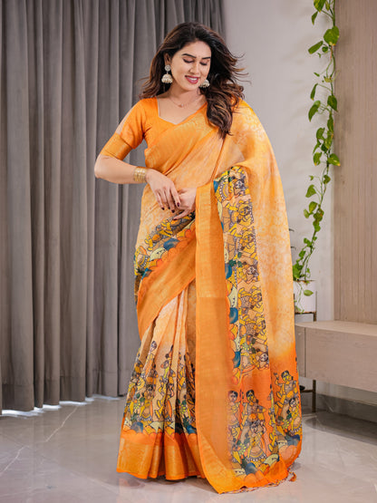Vibrant Orange Cotton Linen Saree with Traditional Dance Motif Pallu & Zari Border | With Blouse