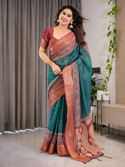 Teal Green Cotton Linen Saree with Rust Zari Border & Peacock Pallu | Ethnic Print | With Blouse