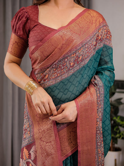 Teal Green Cotton Linen Saree with Rust Zari Border & Peacock Pallu | Ethnic Print | With Blouse