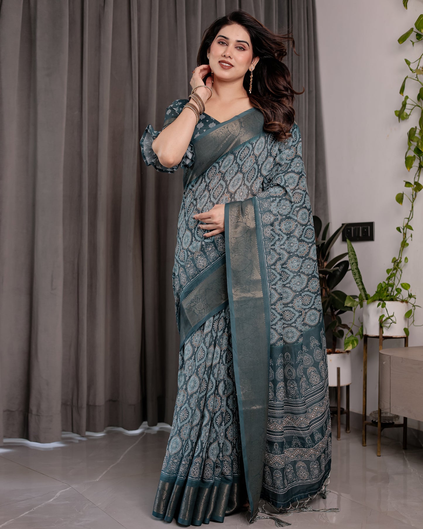 Teal Blue Pure Handloom Linen Saree with Ethnic Mandala Prints & Zari Border | Rich Pallu with Tassels | 5.5m Saree + 0.8m Blouse
