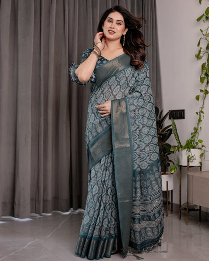 Teal Blue Pure Handloom Linen Saree with Ethnic Mandala Prints & Zari Border | Rich Pallu with Tassels | 5.5m Saree + 0.8m Blouse