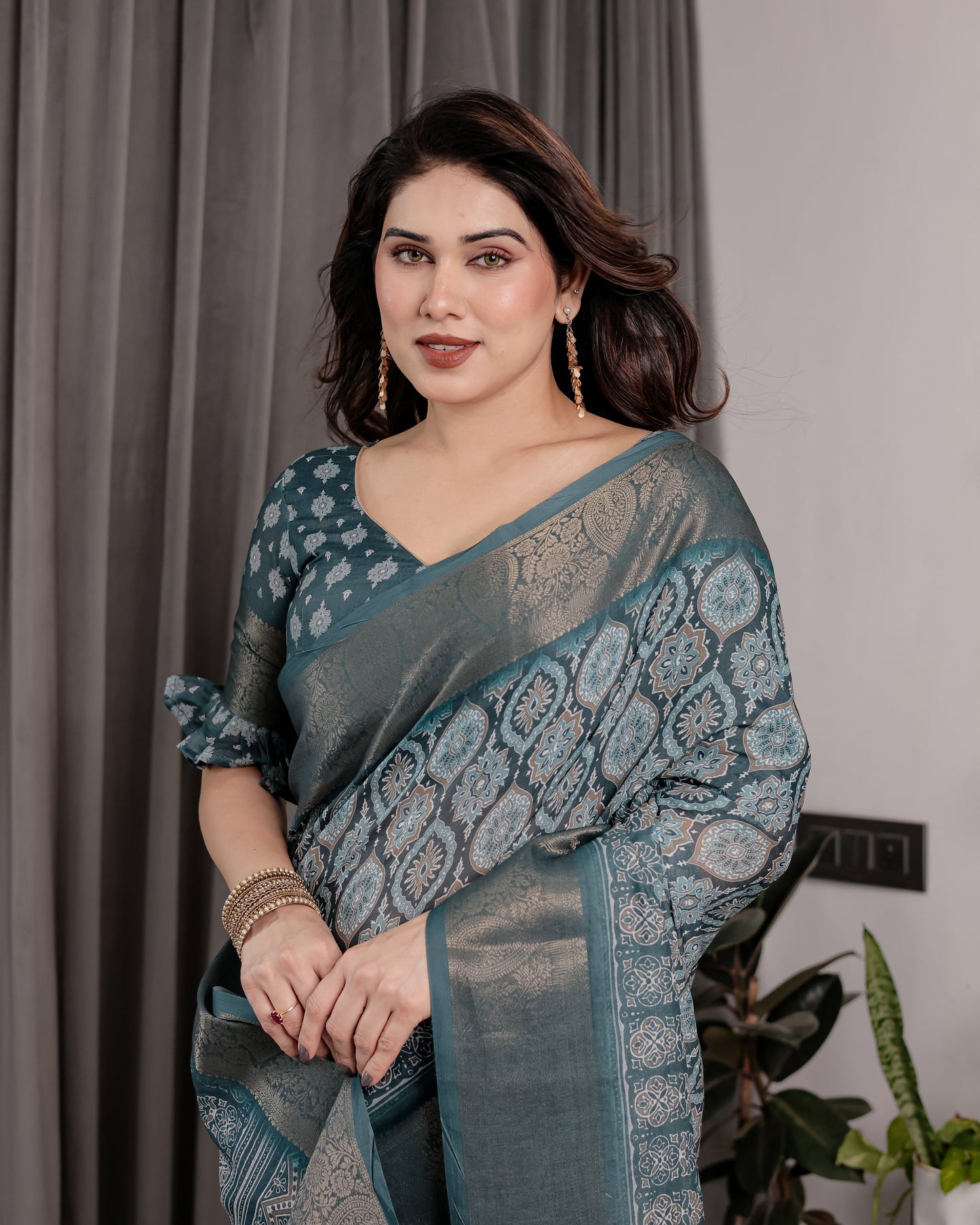 Teal Blue Pure Handloom Linen Saree with Ethnic Mandala Prints & Zari Border | Rich Pallu with Tassels | 5.5m Saree + 0.8m Blouse