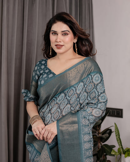 Teal Blue Pure Handloom Linen Saree with Ethnic Mandala Prints & Zari Border | Rich Pallu with Tassels | 5.5m Saree + 0.8m Blouse