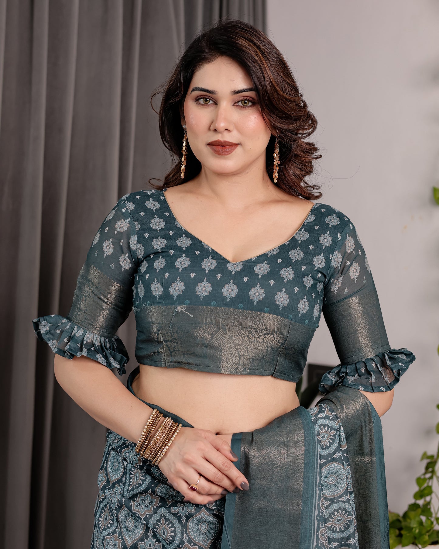 Teal Blue Pure Handloom Linen Saree with Ethnic Mandala Prints & Zari Border | Rich Pallu with Tassels | 5.5m Saree + 0.8m Blouse