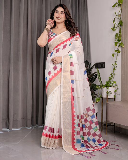 Off-White Handloom Linen Saree with Multicolor Checkered Pallu & Red-Gold Zari Border | Festive Tassel Finish | Attached Blouse | 5.5m Saree + 0.8m Blouse