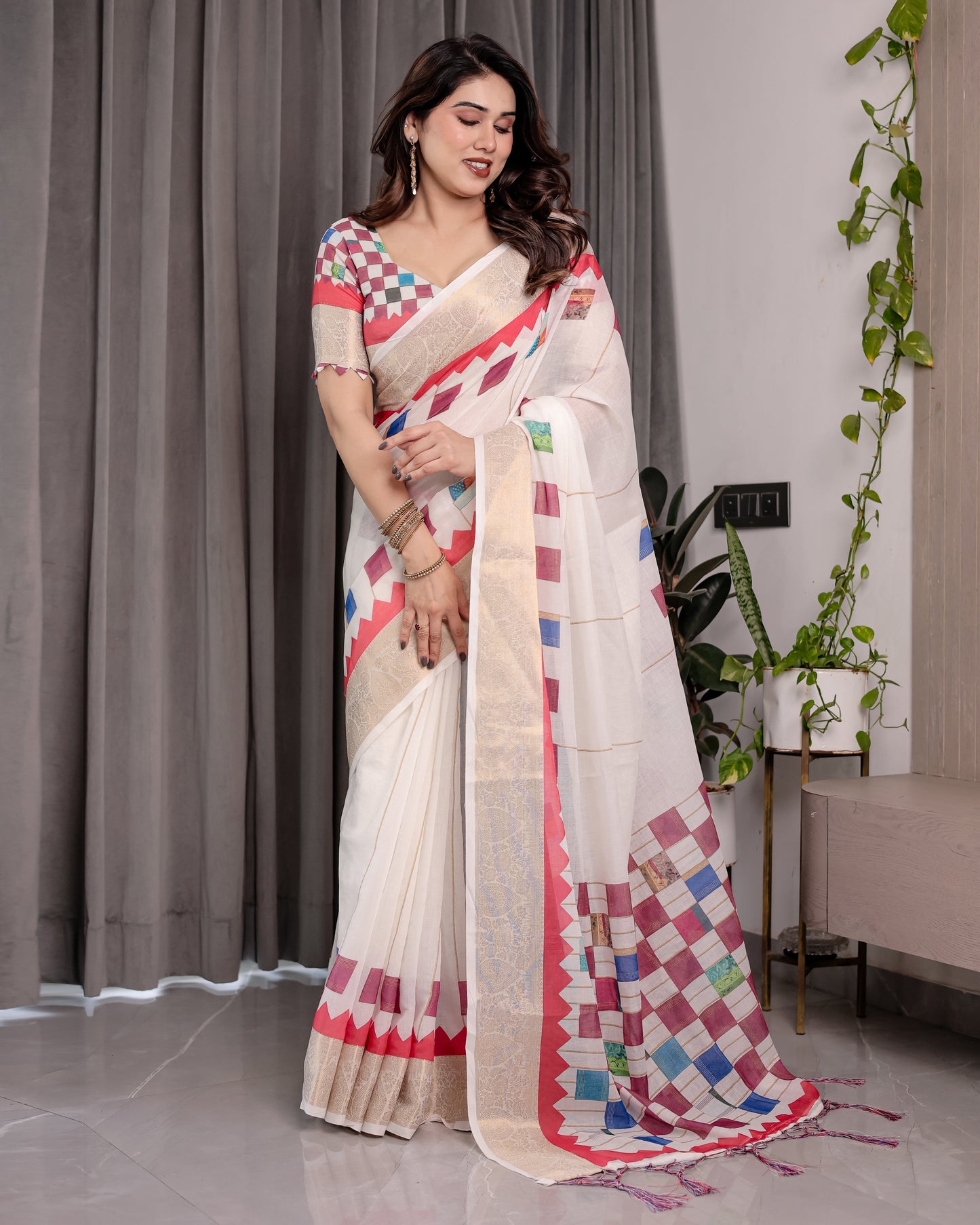 Off-White Handloom Linen Saree with Multicolor Checkered Pallu & Red-Gold Zari Border | Festive Tassel Finish | Attached Blouse | 5.5m Saree + 0.8m Blouse