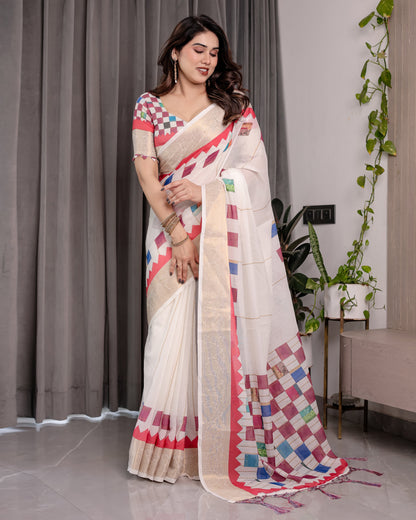 Off-White Handloom Linen Saree with Multicolor Checkered Pallu & Red-Gold Zari Border | Festive Tassel Finish | Attached Blouse | 5.5m Saree + 0.8m Blouse