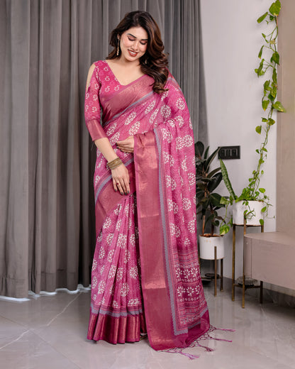 Rani Pink Pure Handloom Linen Saree with White Floral Print & Dual Zari Border | Elegant Tassel Finish | 5.5m Saree + 0.8m Blouse