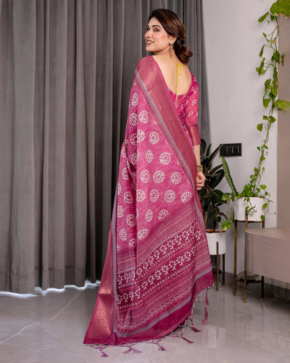 Rani Pink Pure Handloom Linen Saree with White Floral Print & Dual Zari Border | Elegant Tassel Finish | 5.5m Saree + 0.8m Blouse