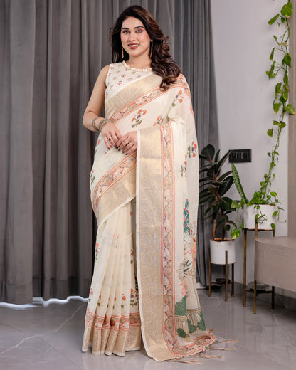 Ivory Cream Pure Handloom Linen Saree with Peach Floral Print & Zari Border | Artistic Garden Pallu & Tassels | 5.5m Saree + 0.8m Blouse