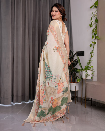 Ivory Cream Pure Handloom Linen Saree with Peach Floral Print & Zari Border | Artistic Garden Pallu & Tassels | 5.5m Saree + 0.8m Blouse