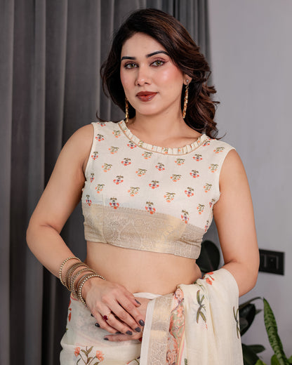 Ivory Cream Pure Handloom Linen Saree with Peach Floral Print & Zari Border | Artistic Garden Pallu & Tassels | 5.5m Saree + 0.8m Blouse