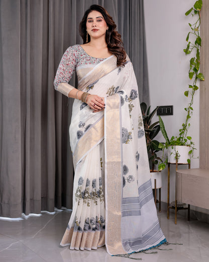 White Handloom Linen Saree with Grey Rose Floral Print & Gold Zari Border | Striped Pallu & Tassel Detailing | Attached Blouse | 5.5m Saree + 0.8m Blouse