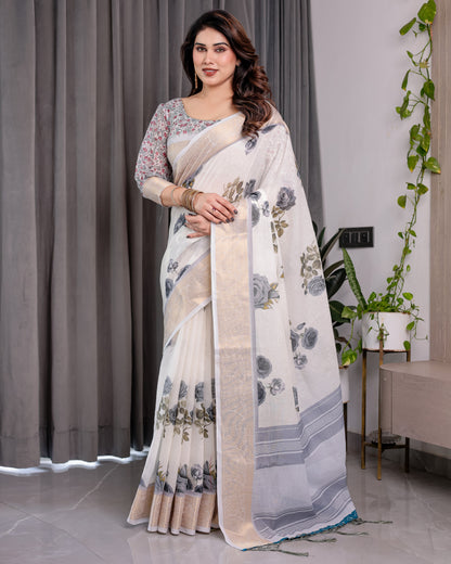 White Handloom Linen Saree with Grey Rose Floral Print & Gold Zari Border | Striped Pallu & Tassel Detailing | Attached Blouse | 5.5m Saree + 0.8m Blouse