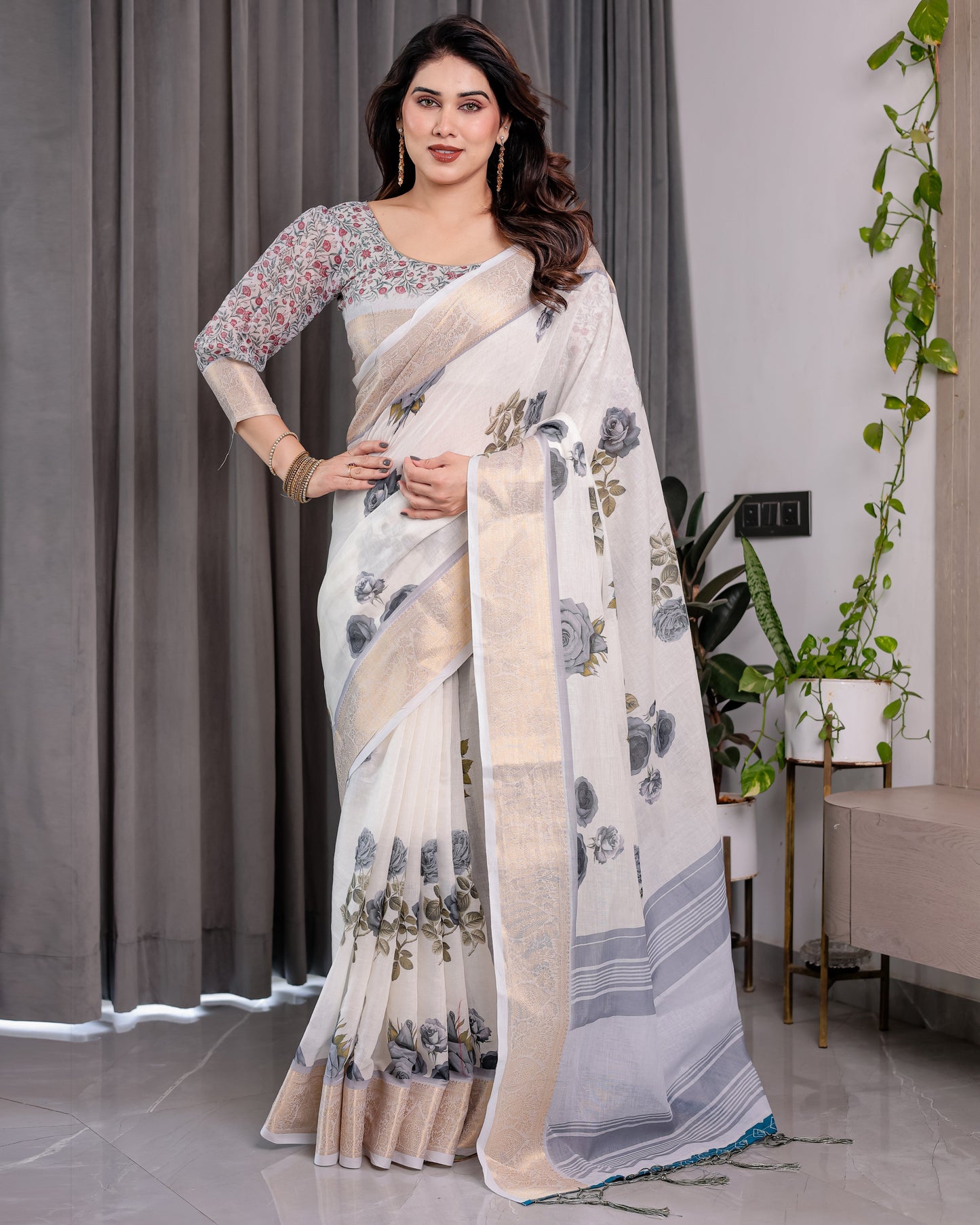 White Handloom Linen Saree with Grey Rose Floral Print & Gold Zari Border | Striped Pallu & Tassel Detailing | Attached Blouse | 5.5m Saree + 0.8m Blouse