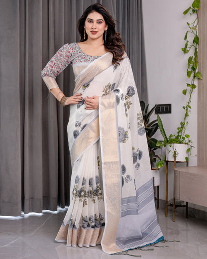 White Handloom Linen Saree with Grey Rose Floral Print & Gold Zari Border | Striped Pallu & Tassel Detailing | Attached Blouse | 5.5m Saree + 0.8m Blouse
