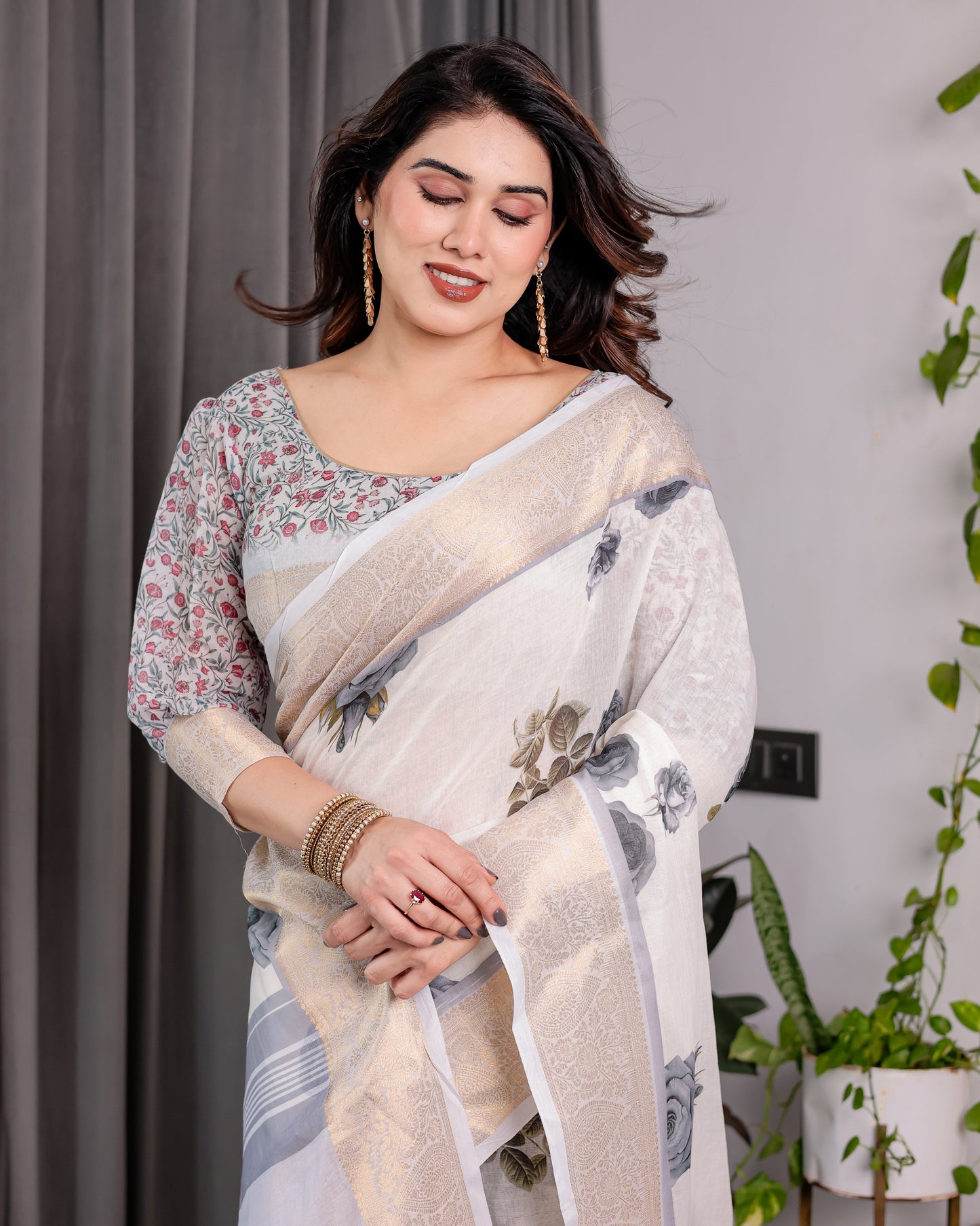 White Handloom Linen Saree with Grey Rose Floral Print & Gold Zari Border | Striped Pallu & Tassel Detailing | Attached Blouse | 5.5m Saree + 0.8m Blouse