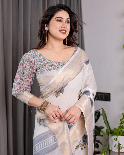 White Handloom Linen Saree with Grey Rose Floral Print & Gold Zari Border | Striped Pallu & Tassel Detailing | Attached Blouse | 5.5m Saree + 0.8m Blouse