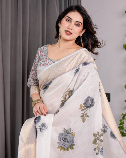 White Handloom Linen Saree with Grey Rose Floral Print & Gold Zari Border | Striped Pallu & Tassel Detailing | Attached Blouse | 5.5m Saree + 0.8m Blouse