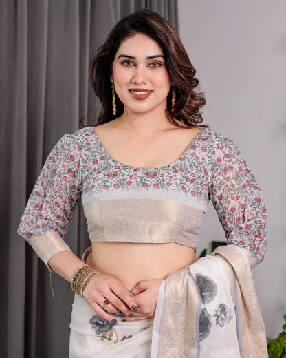 White Handloom Linen Saree with Grey Rose Floral Print & Gold Zari Border | Striped Pallu & Tassel Detailing | Attached Blouse | 5.5m Saree + 0.8m Blouse