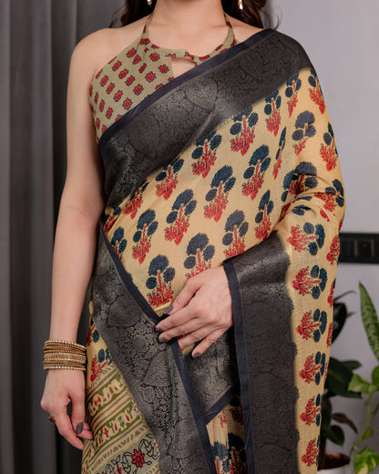Beige Handloom Linen Saree with Red-Blue Floral Buttas & Ethnic Pallu | Antique Black Zari Border & Tassels | Attached Blouse | 5.5m Saree + 0.8m Blouse