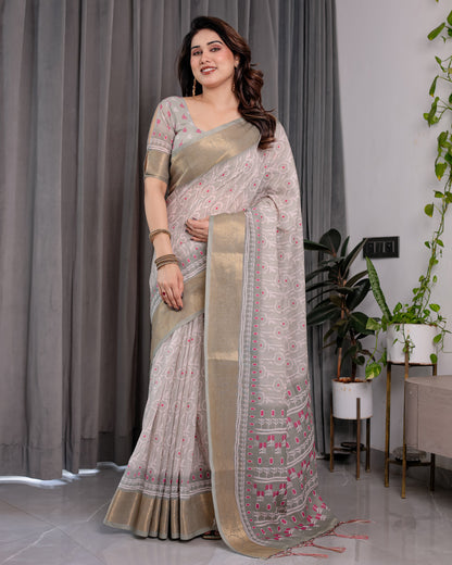 Crimson Pink & Teal Floral Handloom Linen Saree with Zari Border & Tassel Finish | 5.5m Saree + 0.8m Blouse