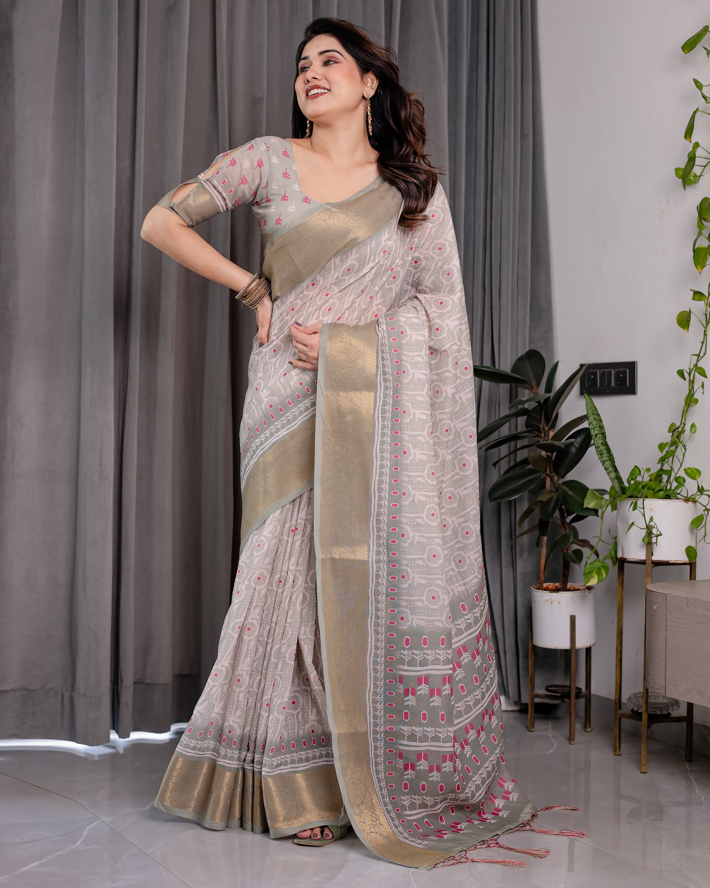 Crimson Pink & Teal Floral Handloom Linen Saree with Zari Border & Tassel Finish | 5.5m Saree + 0.8m Blouse