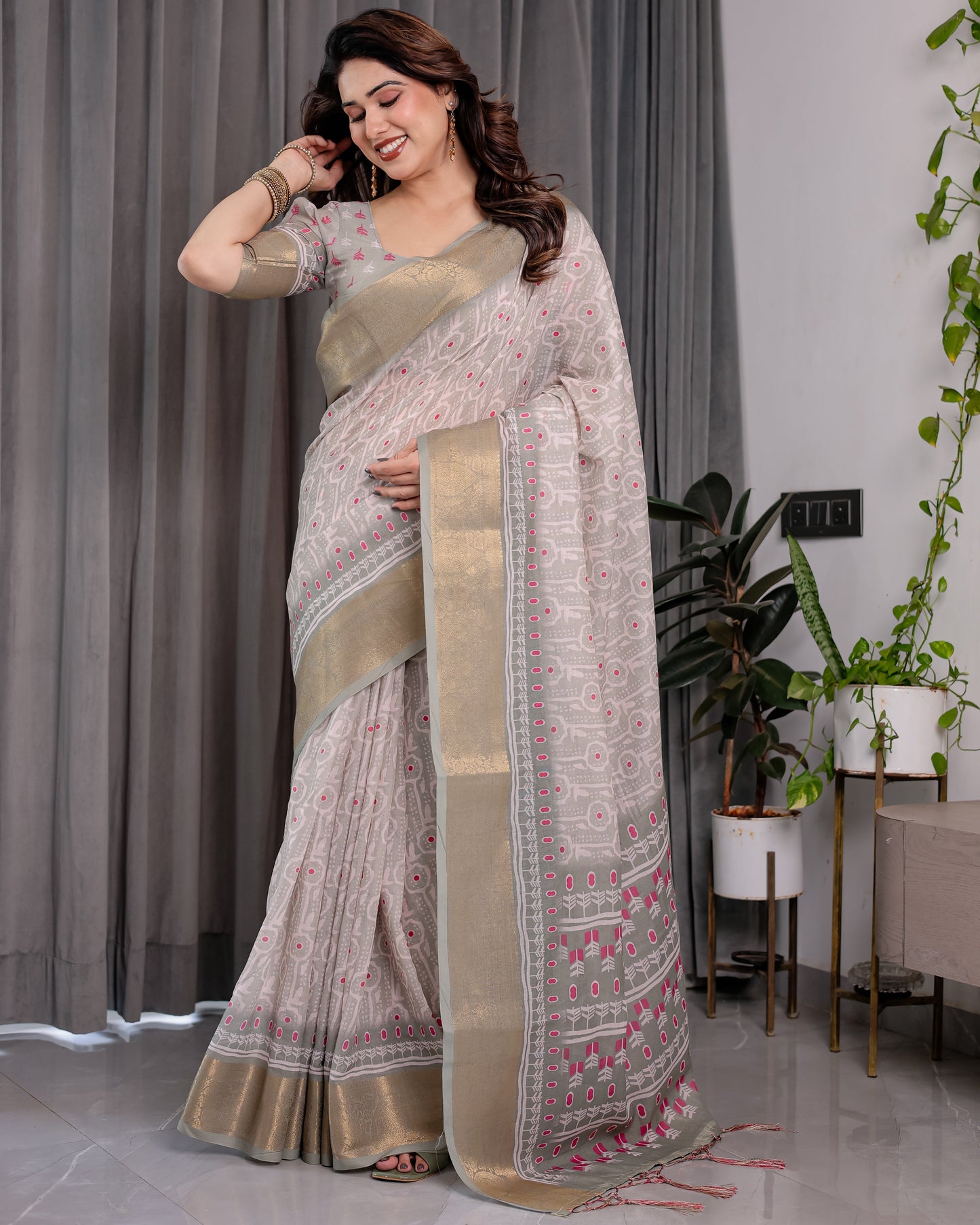 Crimson Pink & Teal Floral Handloom Linen Saree with Zari Border & Tassel Finish | 5.5m Saree + 0.8m Blouse