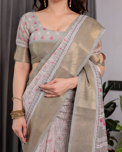 Crimson Pink & Teal Floral Handloom Linen Saree with Zari Border & Tassel Finish | 5.5m Saree + 0.8m Blouse