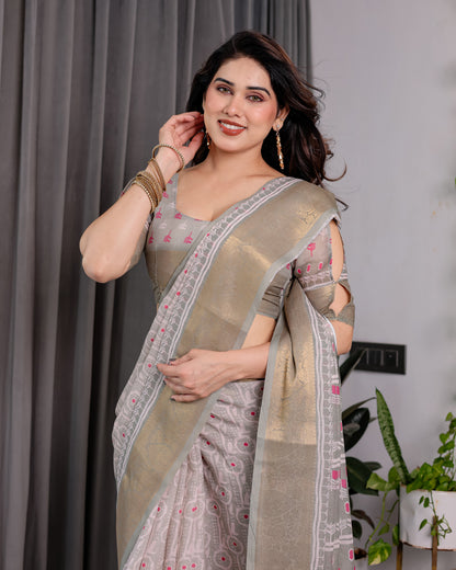 Crimson Pink & Teal Floral Handloom Linen Saree with Zari Border & Tassel Finish | 5.5m Saree + 0.8m Blouse