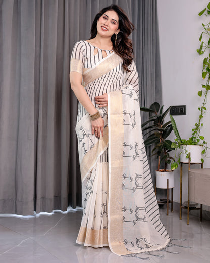 Off-White Handloom Linen Saree with Black Vertical Stripes & Tribal Motifs | Golden Zari Border & Tassel Pallu | Attached Blouse | 5.5m Saree + 0.8m Blouse