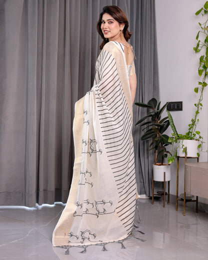 Off-White Handloom Linen Saree with Black Vertical Stripes & Tribal Motifs | Golden Zari Border & Tassel Pallu | Attached Blouse | 5.5m Saree + 0.8m Blouse