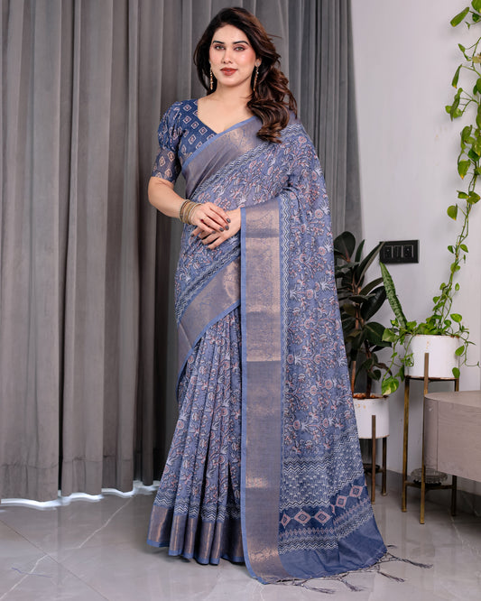 Dusty Blue Pure Handloom Linen Saree with All-Over Floral Vine Print & Zari Border | Geometric Pallu & Tassels | 5.5m Saree + 0.8m Blouse