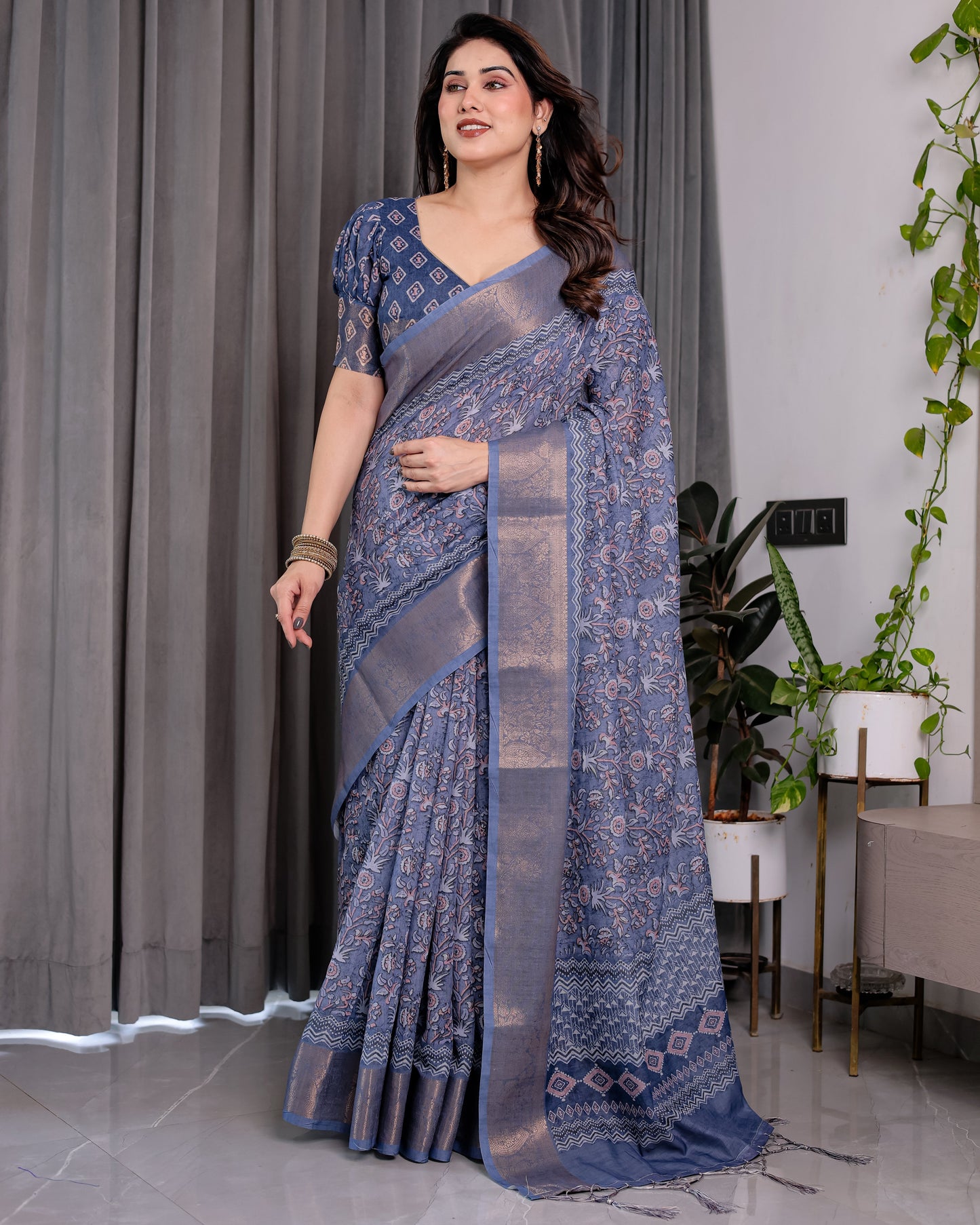 Dusty Blue Pure Handloom Linen Saree with All-Over Floral Vine Print & Zari Border | Geometric Pallu & Tassels | 5.5m Saree + 0.8m Blouse
