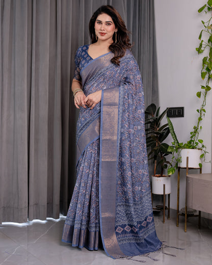 Dusty Blue Pure Handloom Linen Saree with All-Over Floral Vine Print & Zari Border | Geometric Pallu & Tassels | 5.5m Saree + 0.8m Blouse