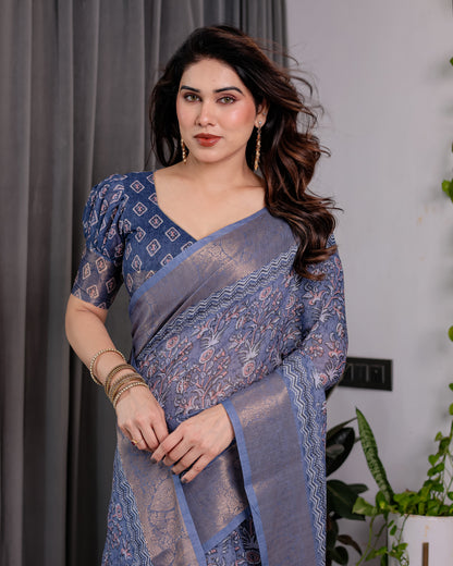 Dusty Blue Pure Handloom Linen Saree with All-Over Floral Vine Print & Zari Border | Geometric Pallu & Tassels | 5.5m Saree + 0.8m Blouse
