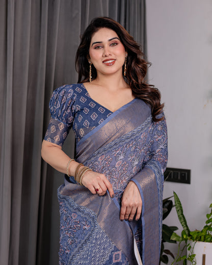 Dusty Blue Pure Handloom Linen Saree with All-Over Floral Vine Print & Zari Border | Geometric Pallu & Tassels | 5.5m Saree + 0.8m Blouse